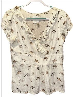 Rebekah Maysles/ Anthropologie Ruffle Peplum Top in White with Racoon Print